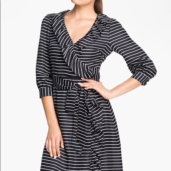 NEW Kate Spade Daniella 3/4 Sleeve Ruffle Striped Silk Wrap Dress Womens - Picture 2 of 6